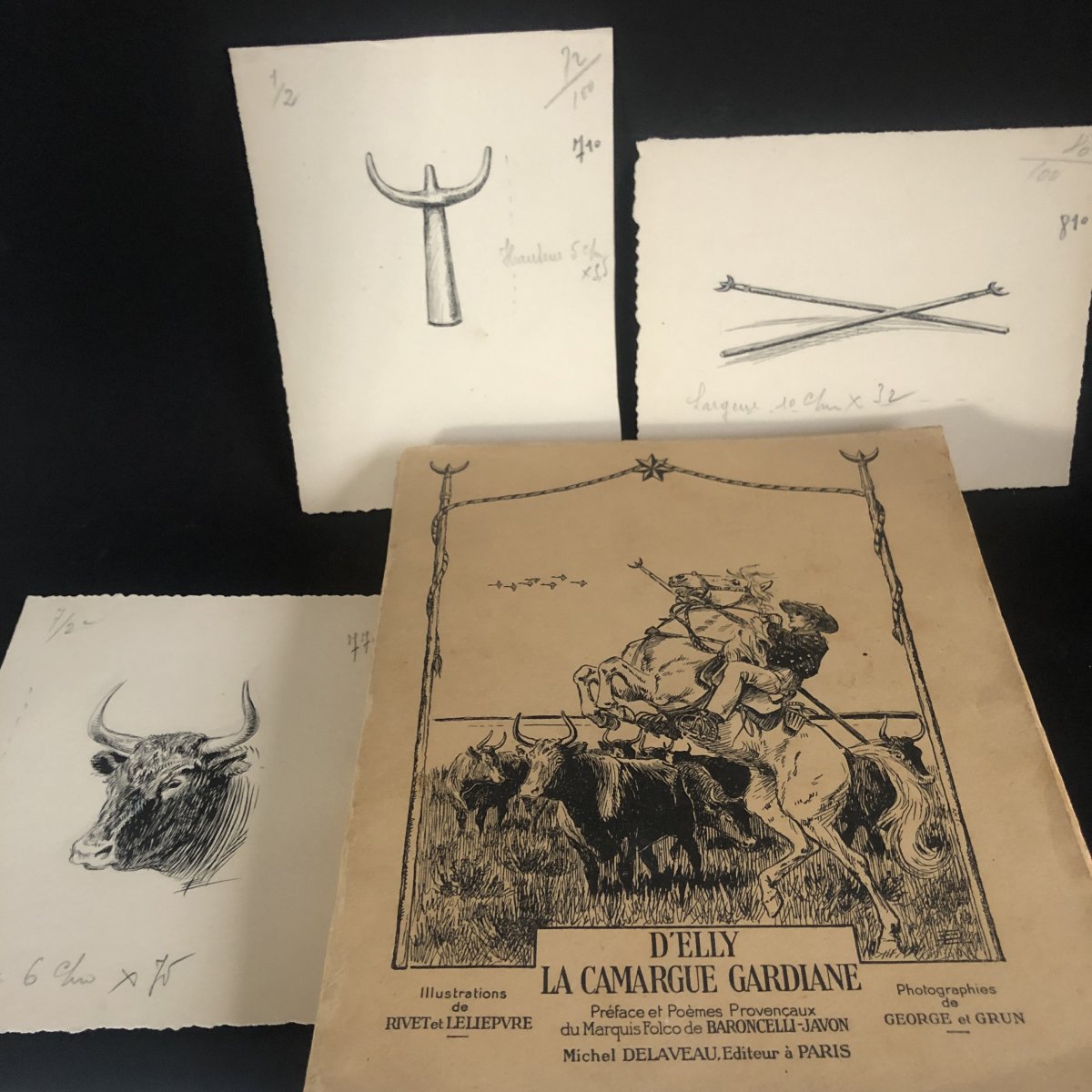 Eugène LELIEPVRE Dessins X3 à l'encre TAUREAU Camarguais et TRIDENT de gardian Arles Camargue /B-photo-2