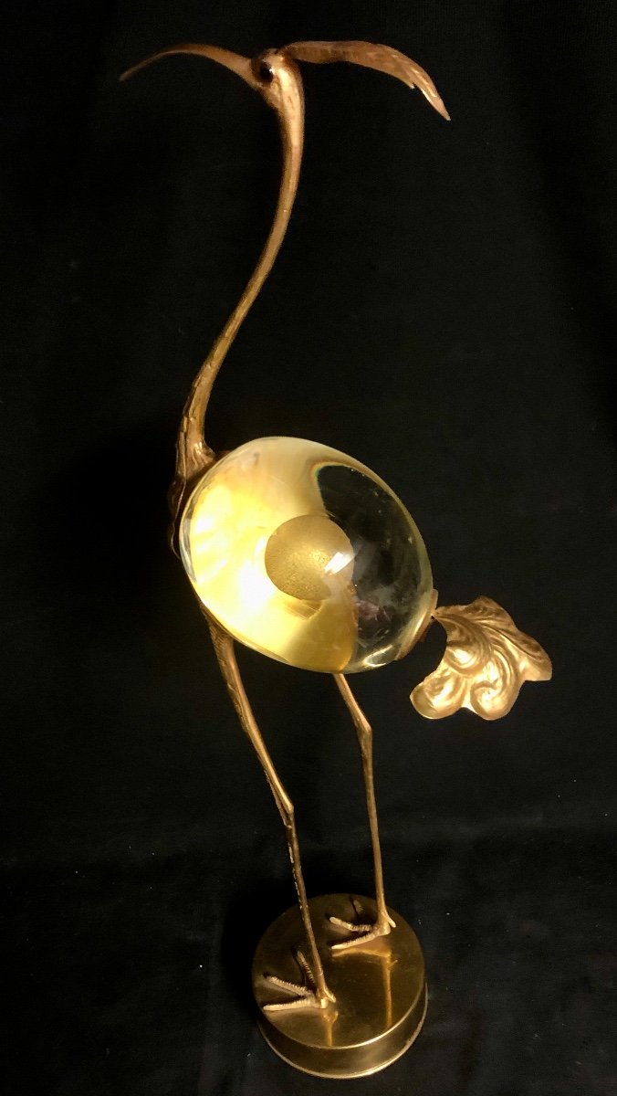 Important Sculpture 1970 Signed? 70 Cm Ibis Or Flamant Rose In Brass And Altuglas-photo-2