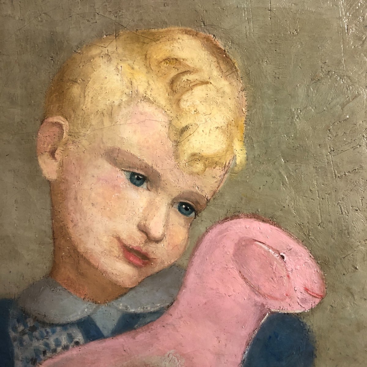 Curieuse Oil On Canvas Signed Blond Child And Pink Plush Cbc 49 Exhibition-photo-1