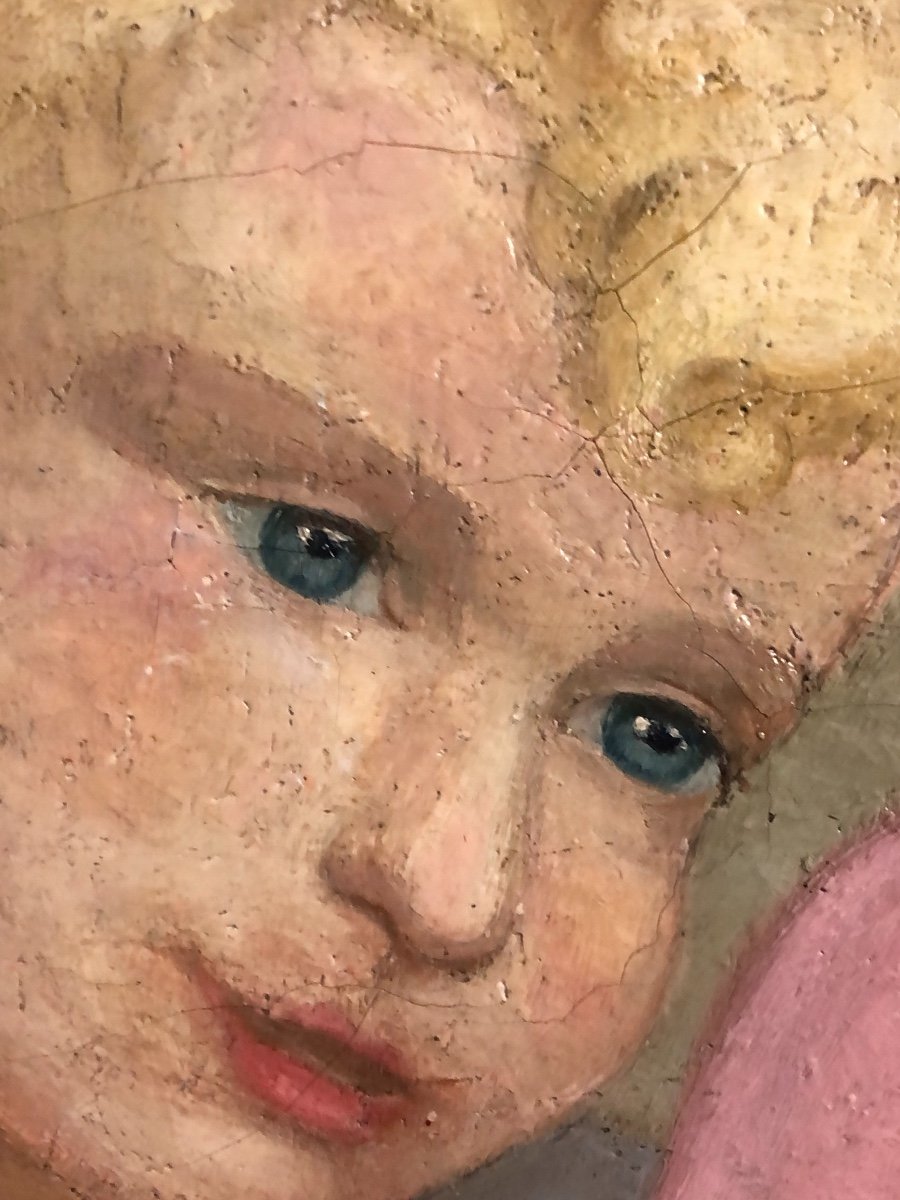 Curieuse Oil On Canvas Signed Blond Child And Pink Plush Cbc 49 Exhibition-photo-5