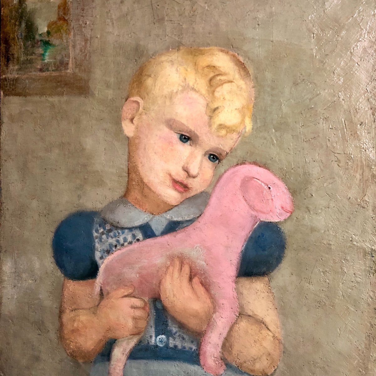 Curieuse Oil On Canvas Signed Blond Child And Pink Plush Cbc 49 Exhibition