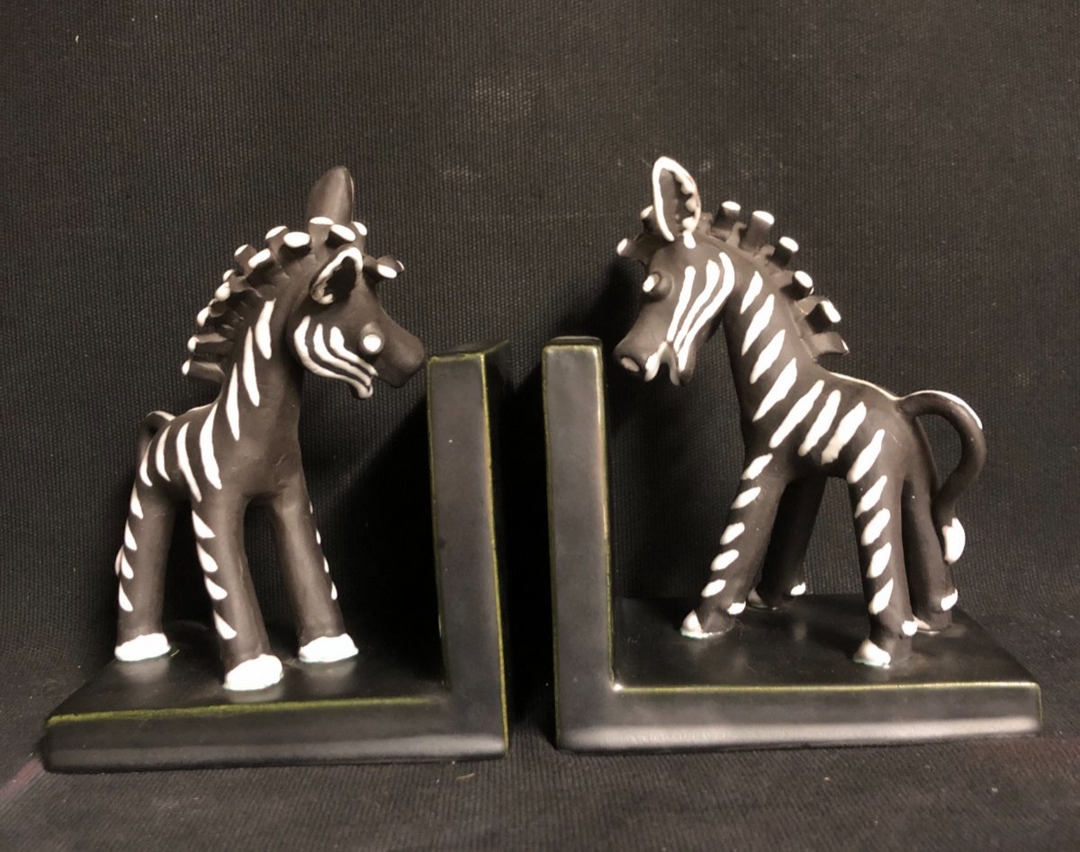 Pair Of Greenhouses Zebras In The Style Of Primavera Colette Gueden Enamelled Ceramic