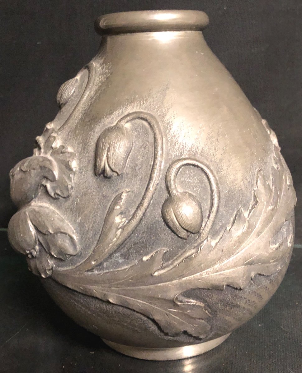 Noel COLLET Important vase Art Nouveau en métal repoussé coquelicot marguerite épis de blé sign-photo-2