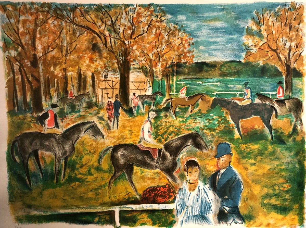 Emile Grau Sala 1911-1975 Aux Courses Large Lithograph Le Paddock Racehorses