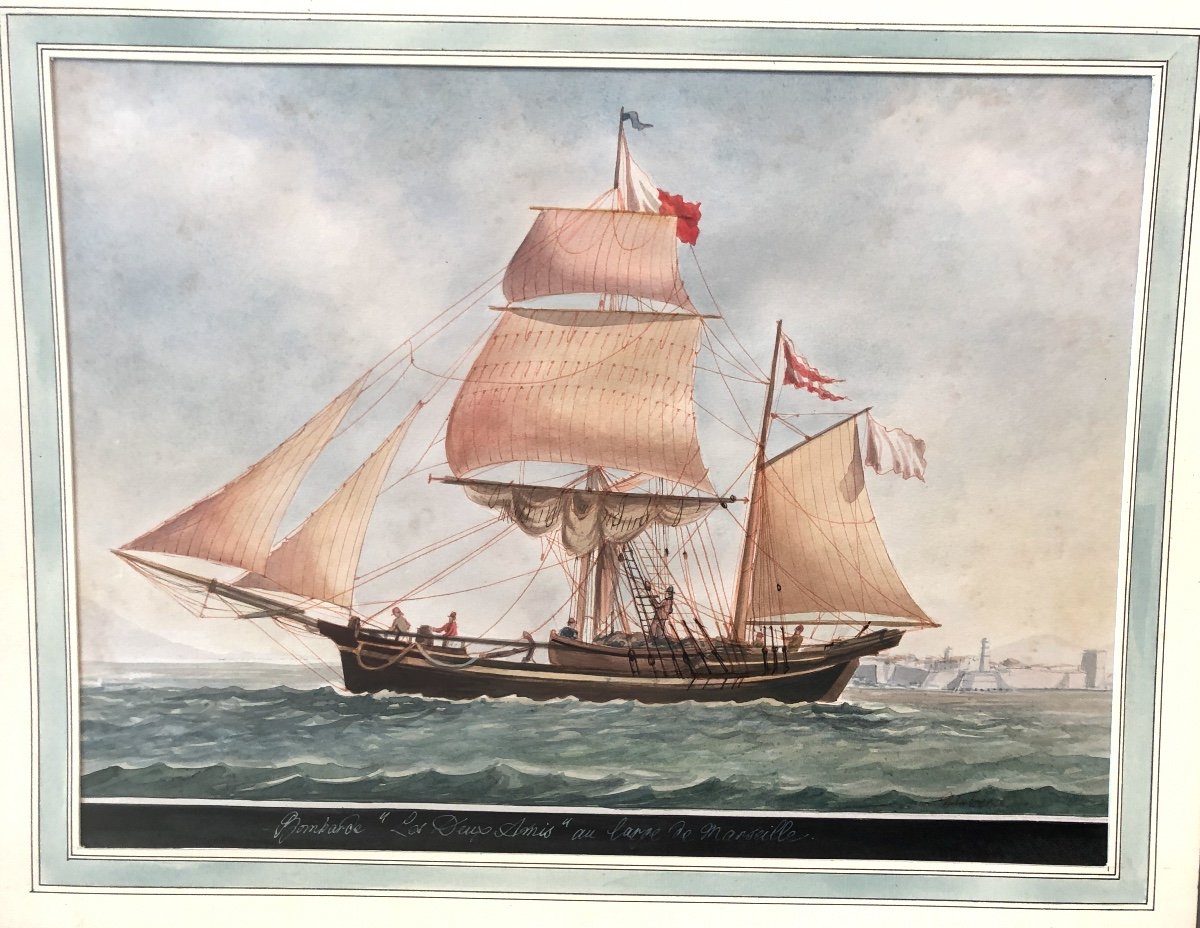 Auguste MUTERSE 1809-1879 RARE grande aquarelle XIXe MARSEILLE Bateau Marine-photo-4