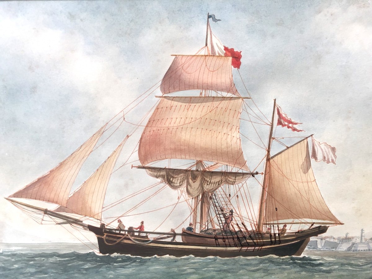 Auguste MUTERSE 1809-1879 RARE grande aquarelle XIXe MARSEILLE Bateau Marine