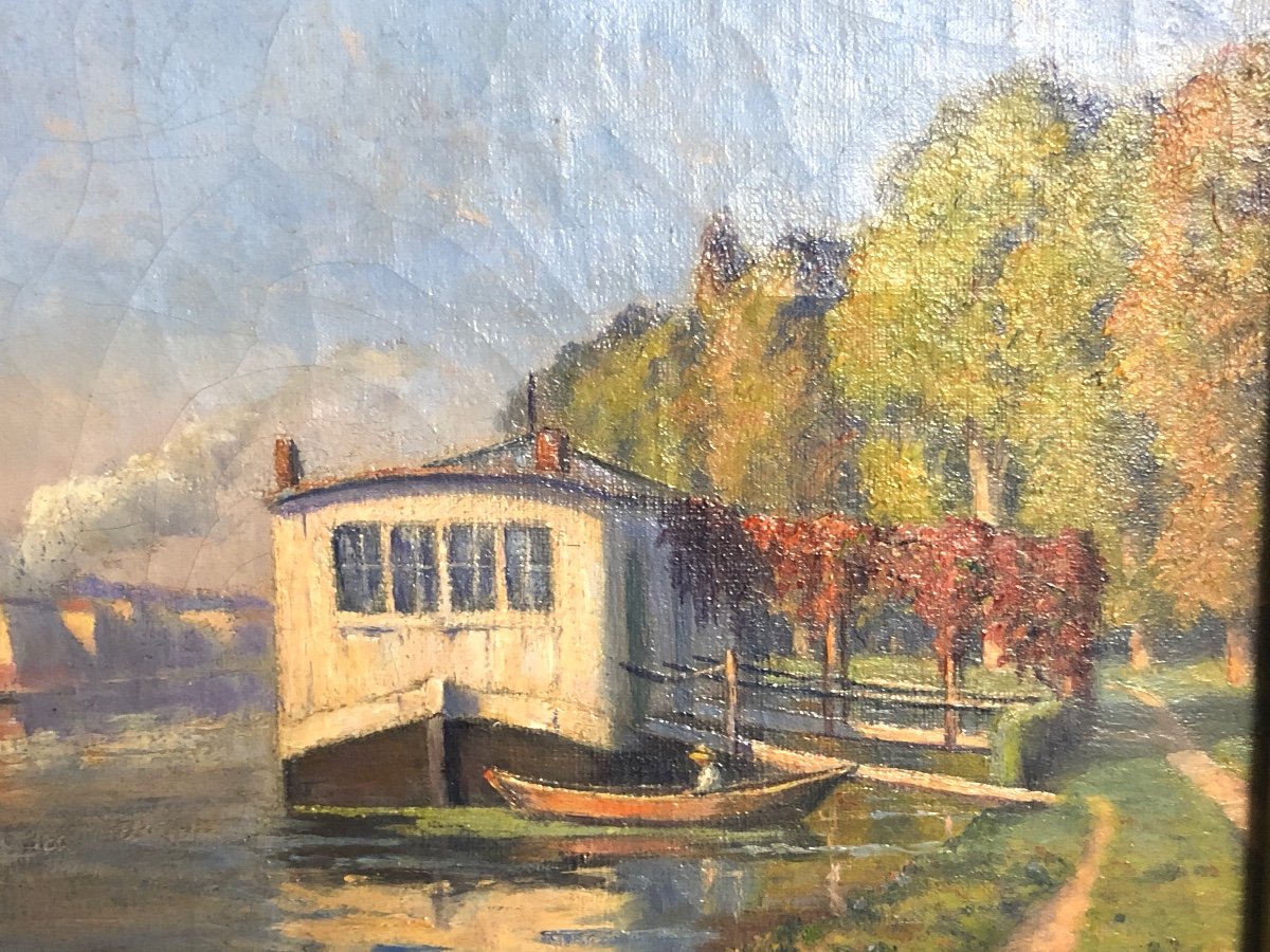 Leon UZAL XIXe-XXe Huile Péniche et remorqueur-photo-1