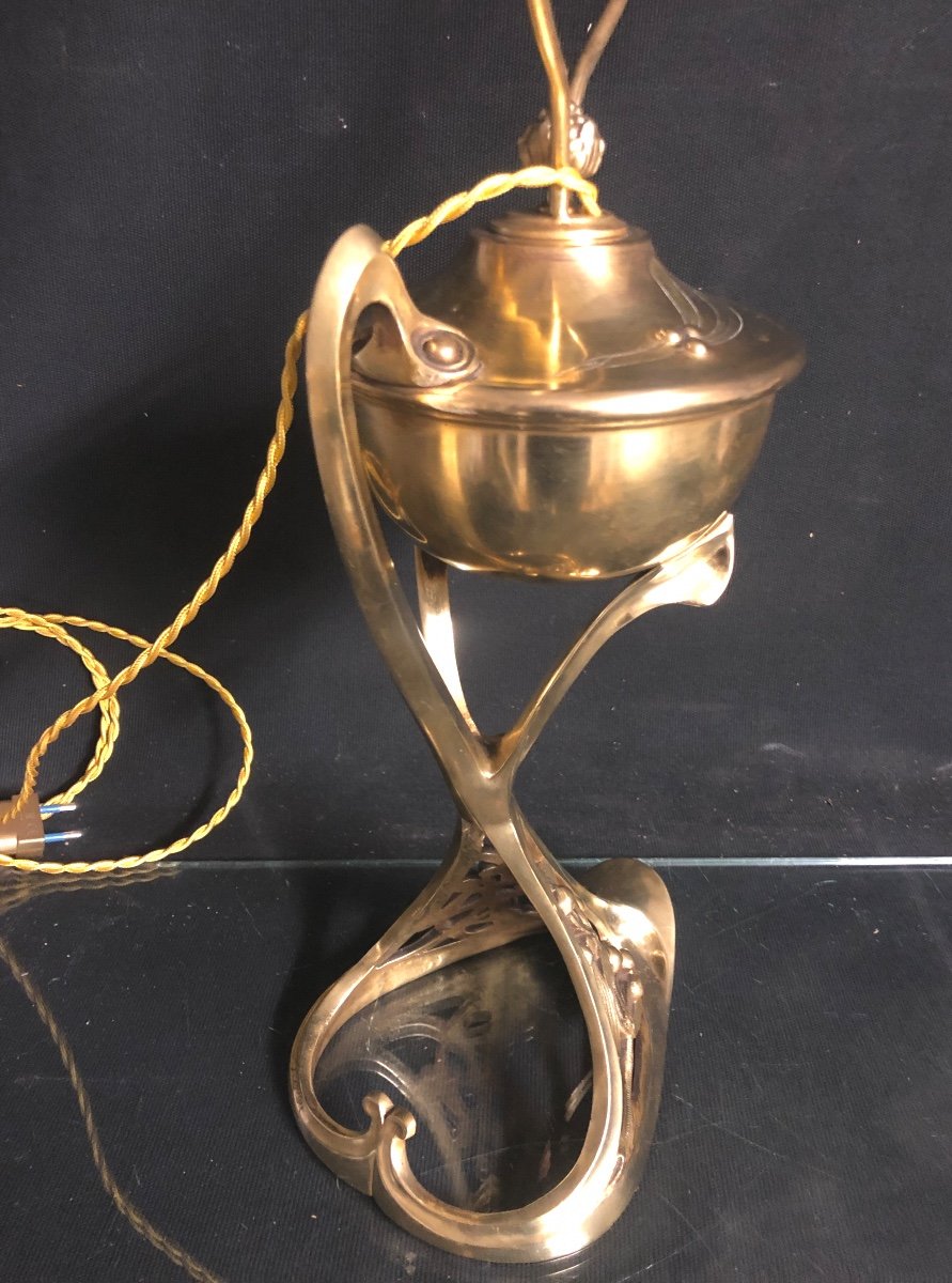 Georges LELEU 1883-1961 Lampe Art Nouveau en bronze doré 64 cm Signée -photo-4