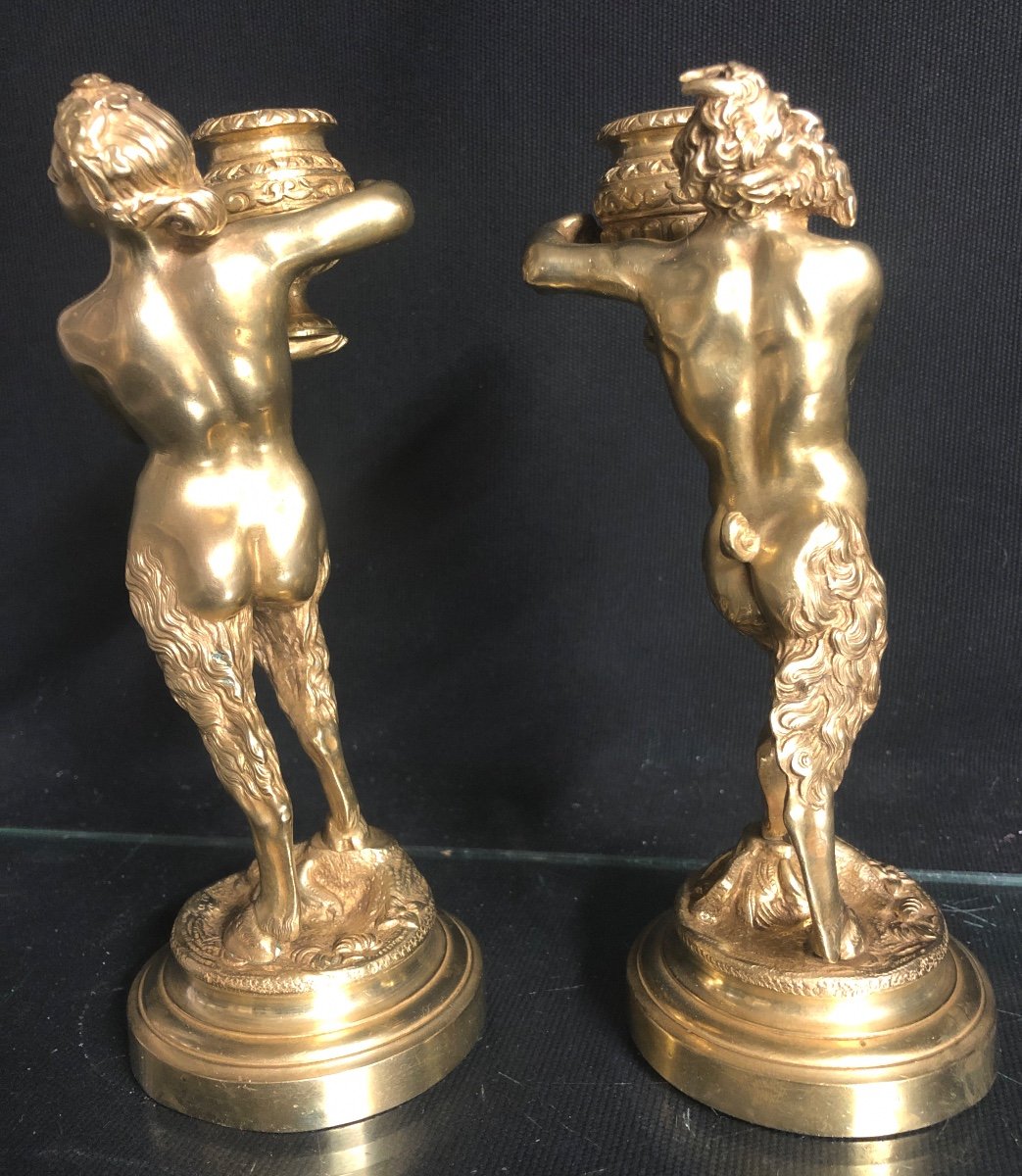 Paire de bougeoirs Début XIXe en bronze Faune et Faunesse-photo-3