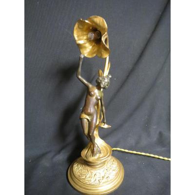 Rare Lampe Art Nouveau De Charles-emile Jonchery Femme Fleur En Bronze