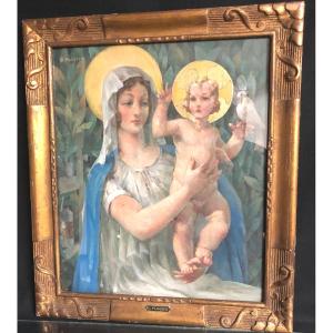 Gaston Ploquin 1882-1970 Oil And Gold 1937 Virgin And Child Art Deco