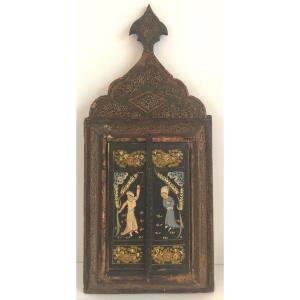 MIROIR QAJAR en bois peint fin XIXe à 2 volets Iran Perse