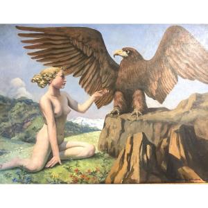 Raphaël Delorme 1885-1962 Oil Young Woman And Eagle In Majesty Around 1950 Art Deco