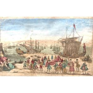 RARE Gravure XVIIIe CAYENNE Guyane Débarquement des Français au port 