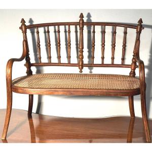 Small Bench Thonet In Taste Of  For Doll Or Child Curved Wood And Cane Bottom 87 Cm 1900