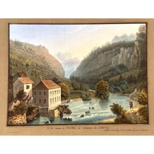 Grundmann 19th Century Aquatint Gouachée Cluse l'Arve Lamy Switzerland Haute Savoie Mountain Alps Cluses