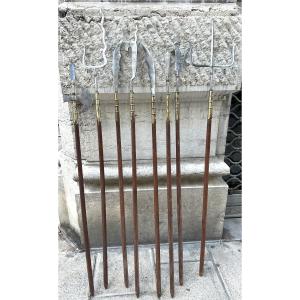Asia 8 Spears In Engraved Steel Brass And Wood China Vietnam? 135 To 160cm In Very Good Condition