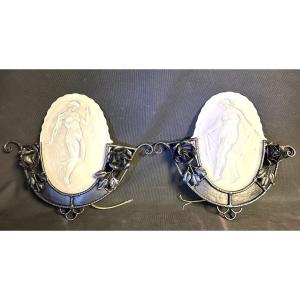 Muller Frères In Luneville Rare Pair Of Art Deco Women's Sconces