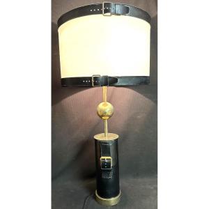 Jacques Adnet 1900-1984 Dlg Large Lamp 78cm Decorated With Leather Belt Buckles Sellier Stitching