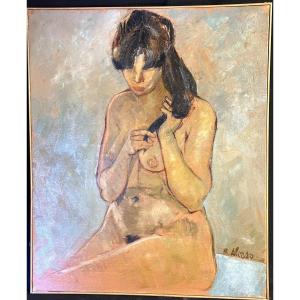 Raphaël ALONSO FERNANDEZ 1924-1994 Grande huile La mèche de cheveux Jeune femme nue Coiffure /8