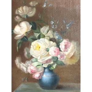 Pierre GARNIER Lyon 1847-1937 Grande huile Composition florale aux roses En très bon état 