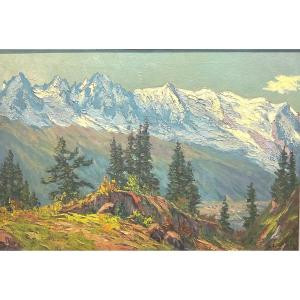 Lucien QUENARD 1902-1995 GRANDE Huile Le Mont Blanc vu de La Flégere  Alpes Montagne 