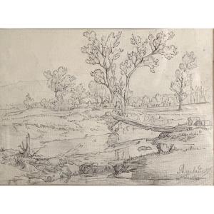 Jean Antoine DUCLAUX Lyon 1783-1868 Dessin Pont de bois sur la rivière à Vourles Rhône  /9