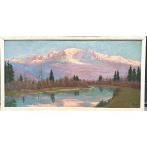 Lucien QUENARD 1902-1995 GRANDE huile Le Mont Blanc L’Arve 60x120cm Montagne Alpes