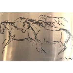 Mick MICHEYL 1922-2019 Course de chevaux Plaque d’acier poli Sérigraphie signée 