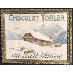 Chocolat TOBLER Au Lait Suisse ancienne lithographie 1900 signée C.M. dans son cadre d’origine