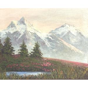 Astrid WALFORD 1907-1984 Huile montagne Alpine et lac Alpes Oisans /13