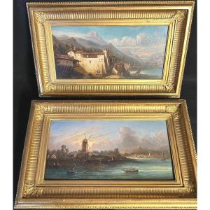 Pair Of 19th Century Oils Signed? Landscapes With Lake And Lively City 