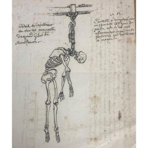 Le gibet de Montfaucon Dessin XVIIIe Double face avec squelette et notes Curiosité Mort pendu 