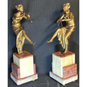Paire de sculptures Art Deco attribuées à Pierre RIGAL Danseuses musiciennes Musique