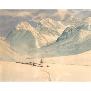 Grande aquarelle signée Davos Sertig Dörfli en Suisse Alpes montagne Grisons paysage enneigé