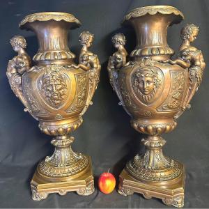 Important Pair Of 19th Century Baluster Vases 61cm In Bronze 