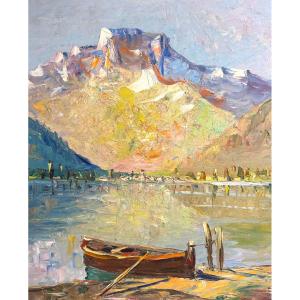 Carl SIM XXe Grande huile Lac Suisse et montagne enneigée Alpes