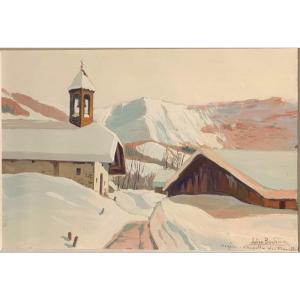 Julien BOUVIER 1913-1973 Huile MEGEVE Chapelle du Planellet sous la neige Alpes Montagne 