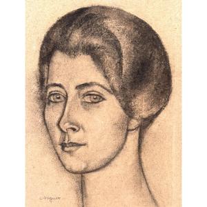 Léon VOGUET 1879- Dessin au fusain Portrait de femme Art Deco