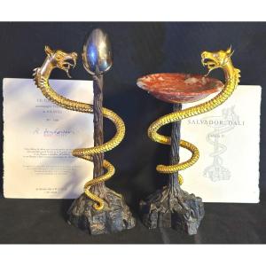 Salvador Dali 1904-1989 Sculptures Caduceus 1+2 Gilt Bronze And Silver Hippocrates Certificates