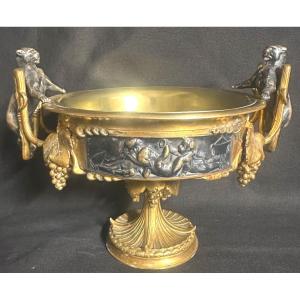 Victor Paillard 1805-1886 Bronze Cup With Double Patina Signed Panthères And Putti Wine 
