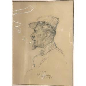 Arthur Gouverneur 1852- Portrait Of Military Museum 1916 Charcoal And Pastel Signed Militaria Senlis