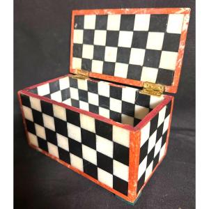 Boîte en mosaïque de marbre bicolore Damier noir et blanc pour pièces de jeu d’échecs ou dames