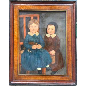 Large Oil Painting Two Children With Chicken Northern European Folk Art 19th Or 18th Century 