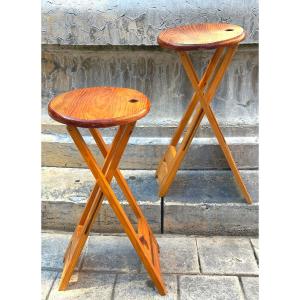 Pair Of Roger Tallon Dlg Folding Stools In Blond Pine 1970