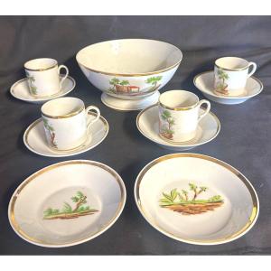 Early 19th Century Painted Porcelain Service 1 Bowl 4 Cups With Saucers And 2 Bowls