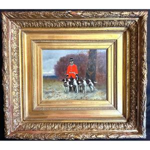 19th Century Oil Hunting Signed ? Huntsman Valet Bloodhound Huntsman And Pack Of Dogs Very Good Condition