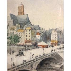 Henri NOCQ 1868-1944 Pastel et aquarelle Pont Louis Philippe église St Gervais Protais Paris