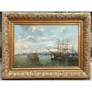 Jan Vervat Holland Large Oil Marine Port With Sailboats 