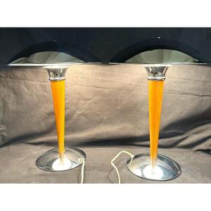 Pair Of Mushroom Lamps Called Ocean Liner Lamps In Silver Chrome 44cm 1970 